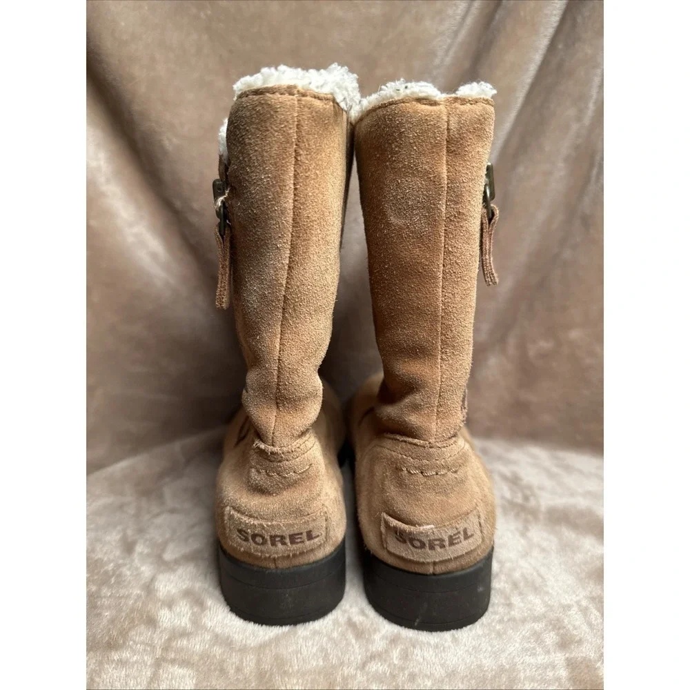 Good  Sorel Waterproof Suede Winter Boots Kids Sz 2 Tan Faux Fur Lined Durable